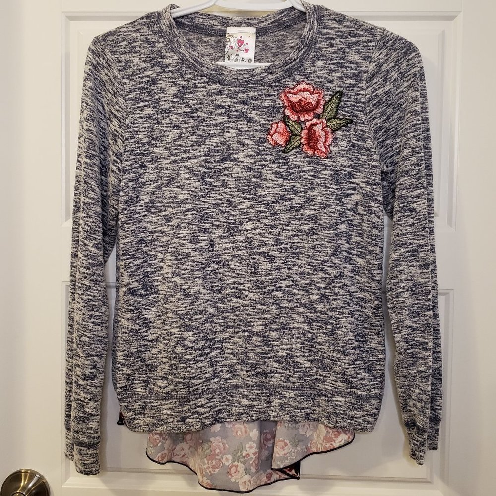 Girl's Heather Grey Dark Blue Burgundy Pink Embroidered Roses Shirt-Size L or 14